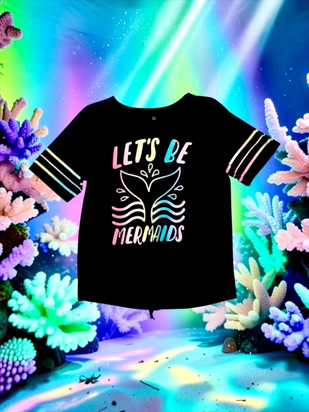 SO Girls “Let’s Be Mermaids” Tie‑Front Tee Rainbow Glitter 14 EUC